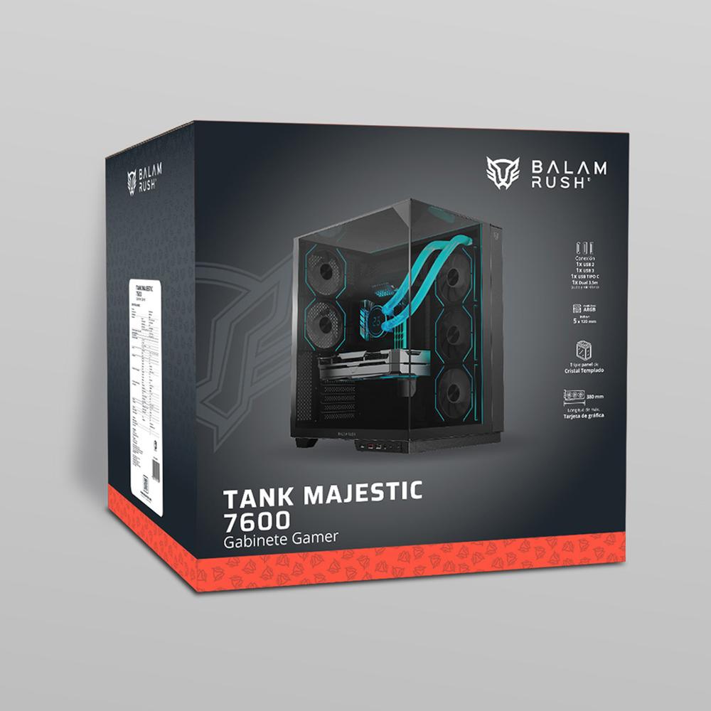 Gabinete Gamer BALAM RUSH TANK MAJESTIC 7600 ATX Media Torre 5 Fan Panel Cristal Templado USB-C ARGB Negro BR-941495
