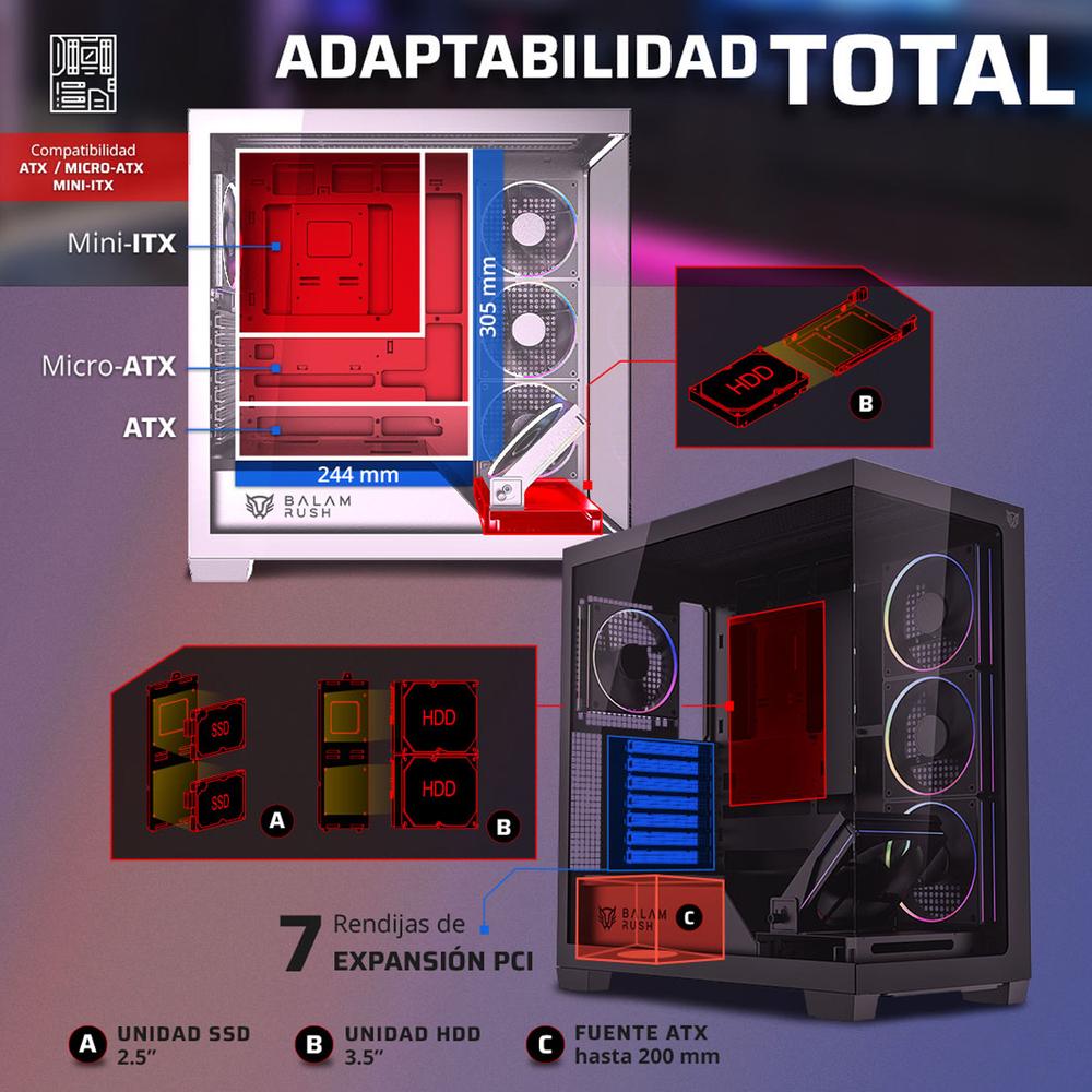 Gabinete Gamer BALAM RUSH TANK POLAR 7900 ATX Media Torre 5 Fan Cristal Templado USB-C ARGB Blanco BR-941488