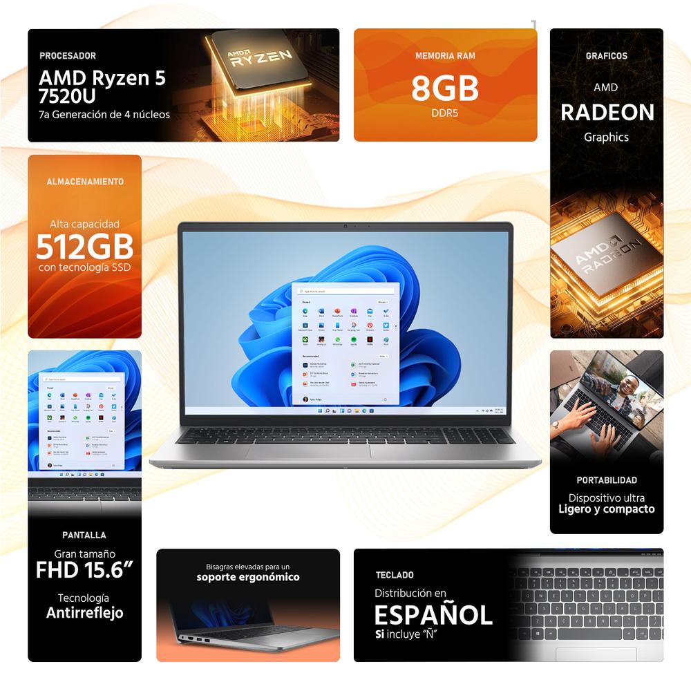 Laptop DELL 15 AMD Ryzen 5 7520U 8GB RAM 512GB SSD 15.6" Windows 11 Home Teclado en Español