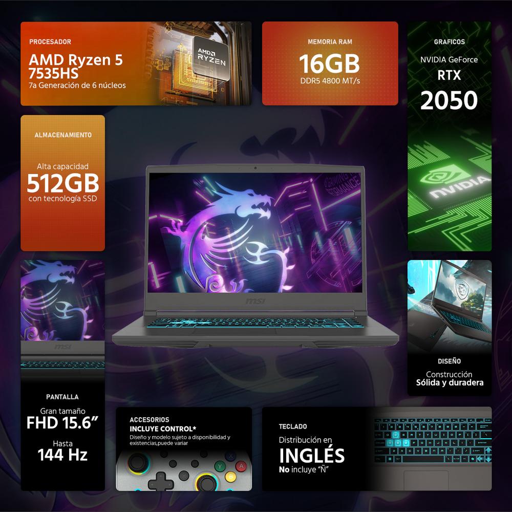 Laptop Gamer MSI Thin A15 NVIDIA GeForce RTX 2050 AMD Ryzen 5 7535HS 16GB RAM 512GB SSD 15.6" Windows 11 Home Teclado en Ingles + Control DXT
