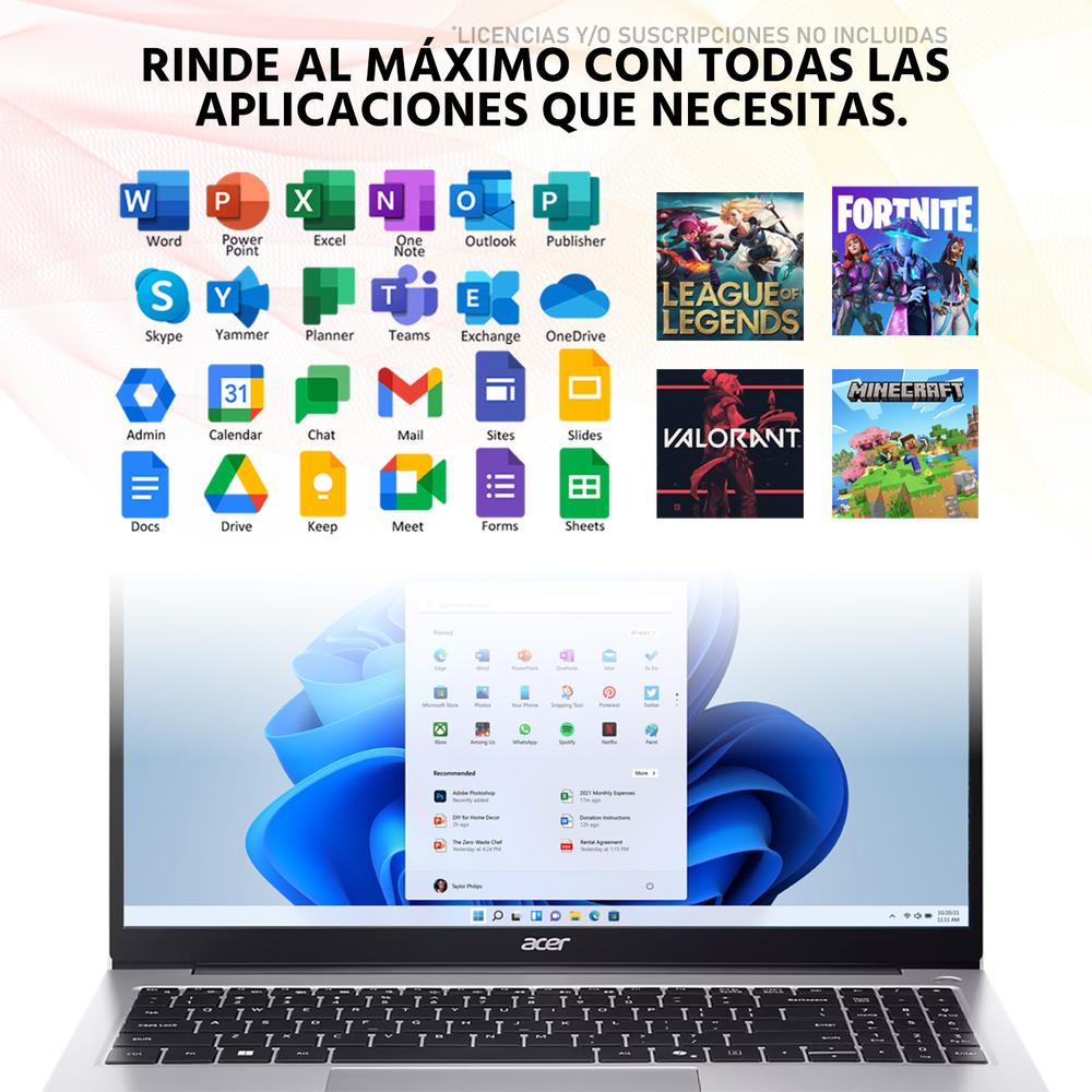 Laptop ACER Aspire Lite 15 AMD Ryzen 7 5825U 32GB RAM 512GB SSD 15.6" Windows 11 Home Teclado en Español + Mouse DXT