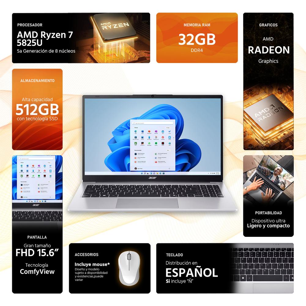 Laptop ACER Aspire Lite 15 AMD Ryzen 7 5825U 32GB RAM 512GB SSD 15.6" Windows 11 Home Teclado en Español + Mouse DXT