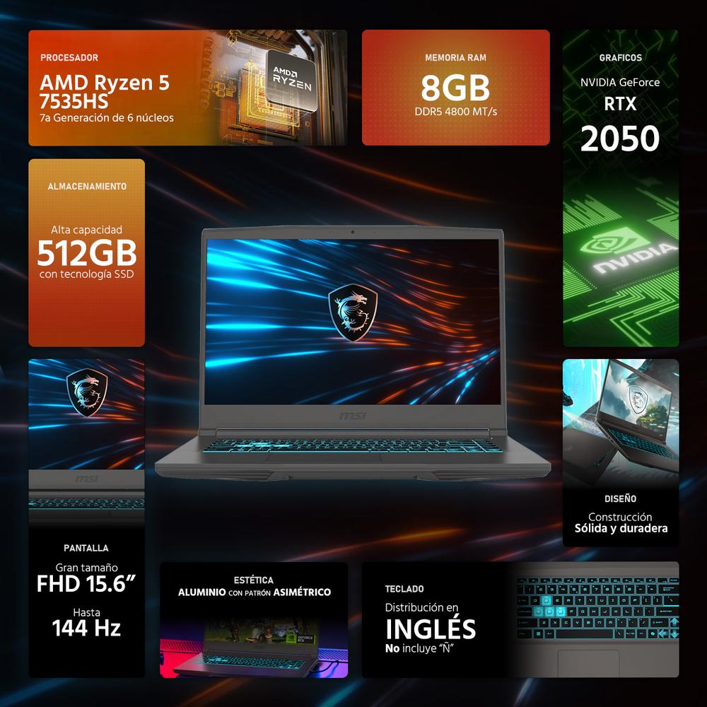 Laptop Gamer MSI Thin A15 NVIDIA GeForce RTX 2050 AMD Ryzen 5 7535HS 8GB RAM 512GB SSD 15.6" Windows 11 Home Teclado en Ingles