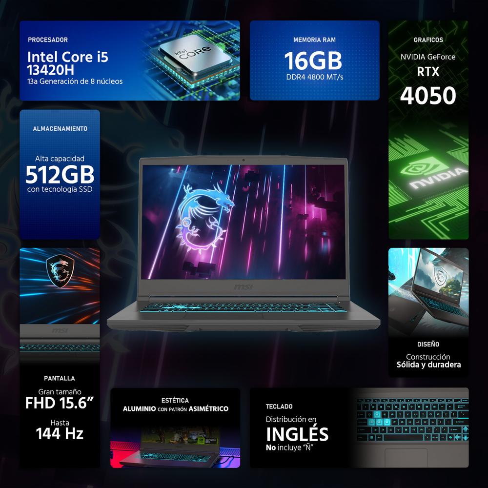 Laptop Gamer MSI Thin 15 NVIDIA GeForce RTX 4050 Intel Core i5 13420H 16GB RAM 512GB SSD 15.6" Windows 11 Home Teclado en Ingles