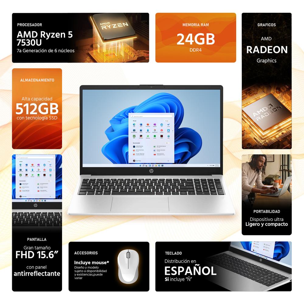 Laptop HP 255 G10 AMD Ryzen 5 7530U 24GB RAM 512GB SSD 15.6" Windows 11 Home Teclado en Español + Mouse DXT