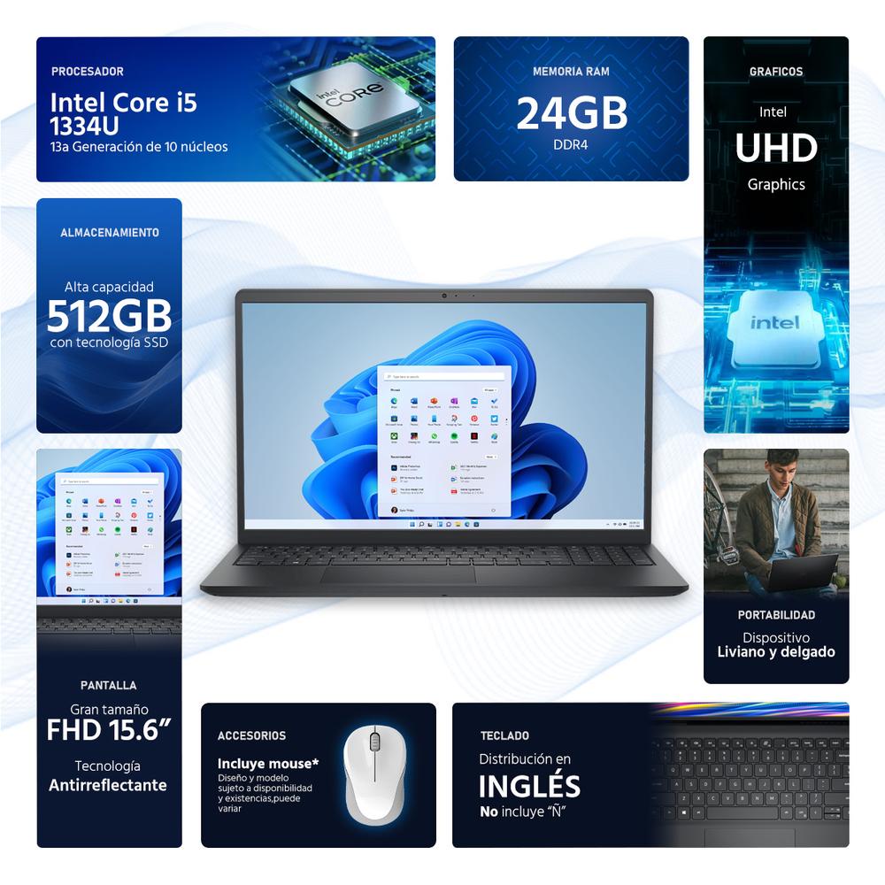 Laptop DELL Inspiron 15 Intel Core i5 1334U 24GB RAM 512GB SSD 15.6" Windows 11 Home Teclado en Ingles + Mouse DXT