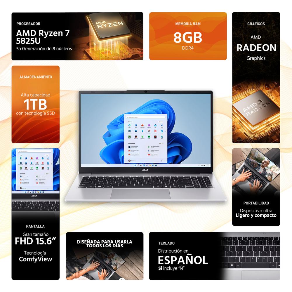 Laptop ACER Aspire Lite 15 AMD Ryzen 7 5825U 8GB RAM 1TB SSD 15.6" Windows 11 Home Teclado en Español