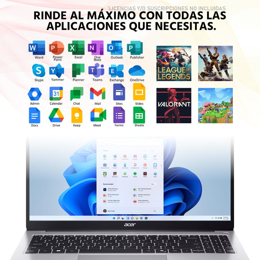 Laptop ACER Aspire Lite 15 AMD Ryzen 7 5825U 8GB RAM 1TB SSD 15.6" Windows 11 Home Teclado en Español