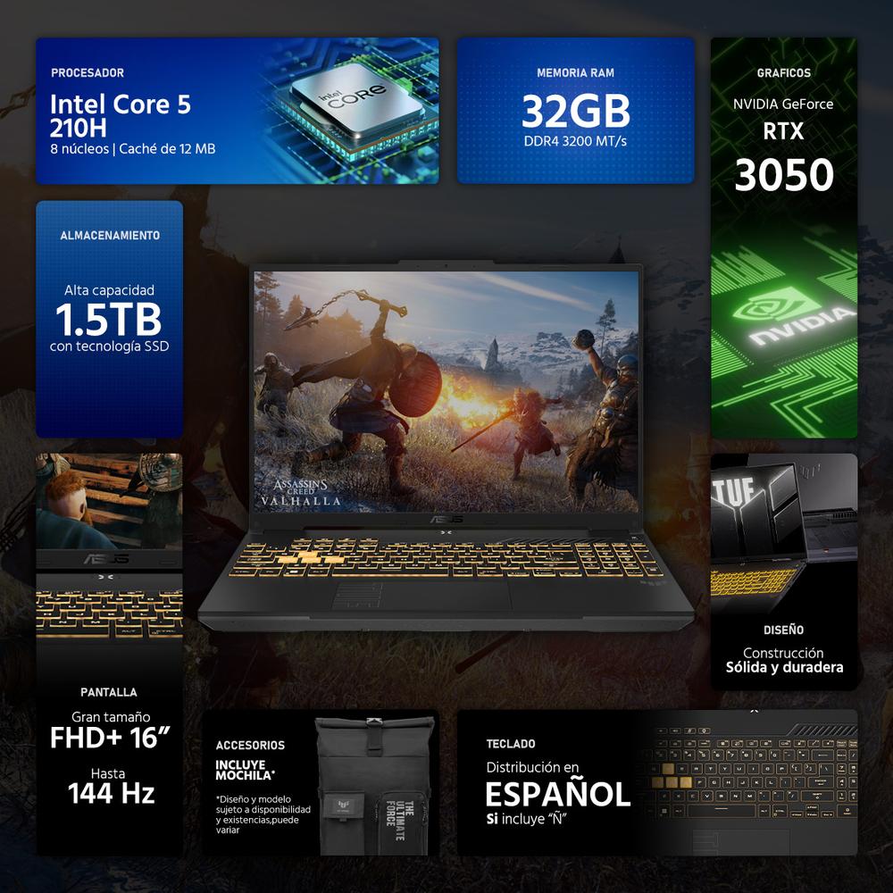 Laptop Gamer ASUS TUF Gaming F16 NVIDIA GeForce RTX 3050 Intel Core 5 210H 32GB RAM 1.5TB SSD 16" Windows 11 Home Teclado en Español + Mochila
