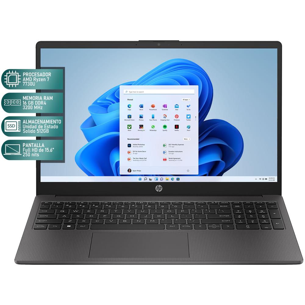 Laptop HP 255 G10 AMD Ryzen 7 7730U 16GB RAM 512GB SSD 15.6" Windows 11 Pro Teclado en Ingles