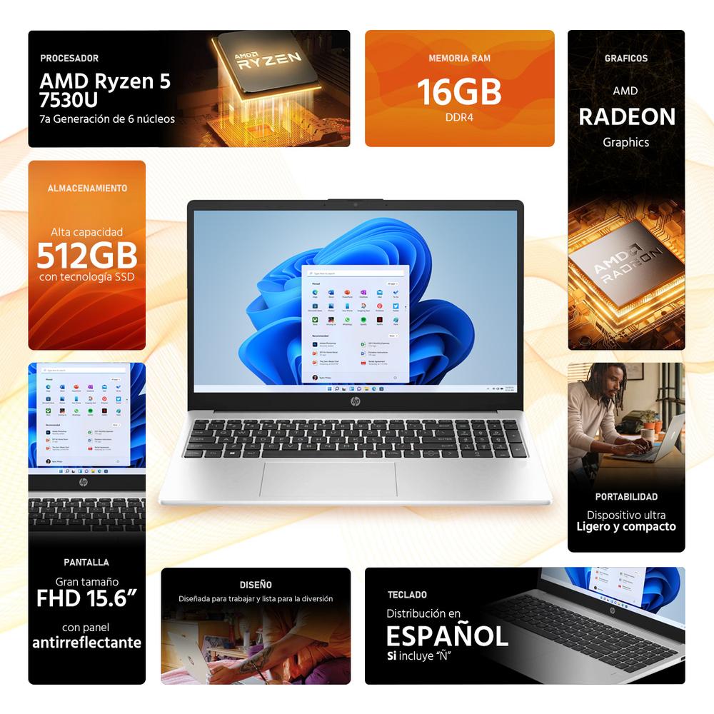 Laptop HP 255 G10 AMD Ryzen 5 7530U 16GB RAM 512GB SSD 15.6" Windows 11 Home Teclado en Español