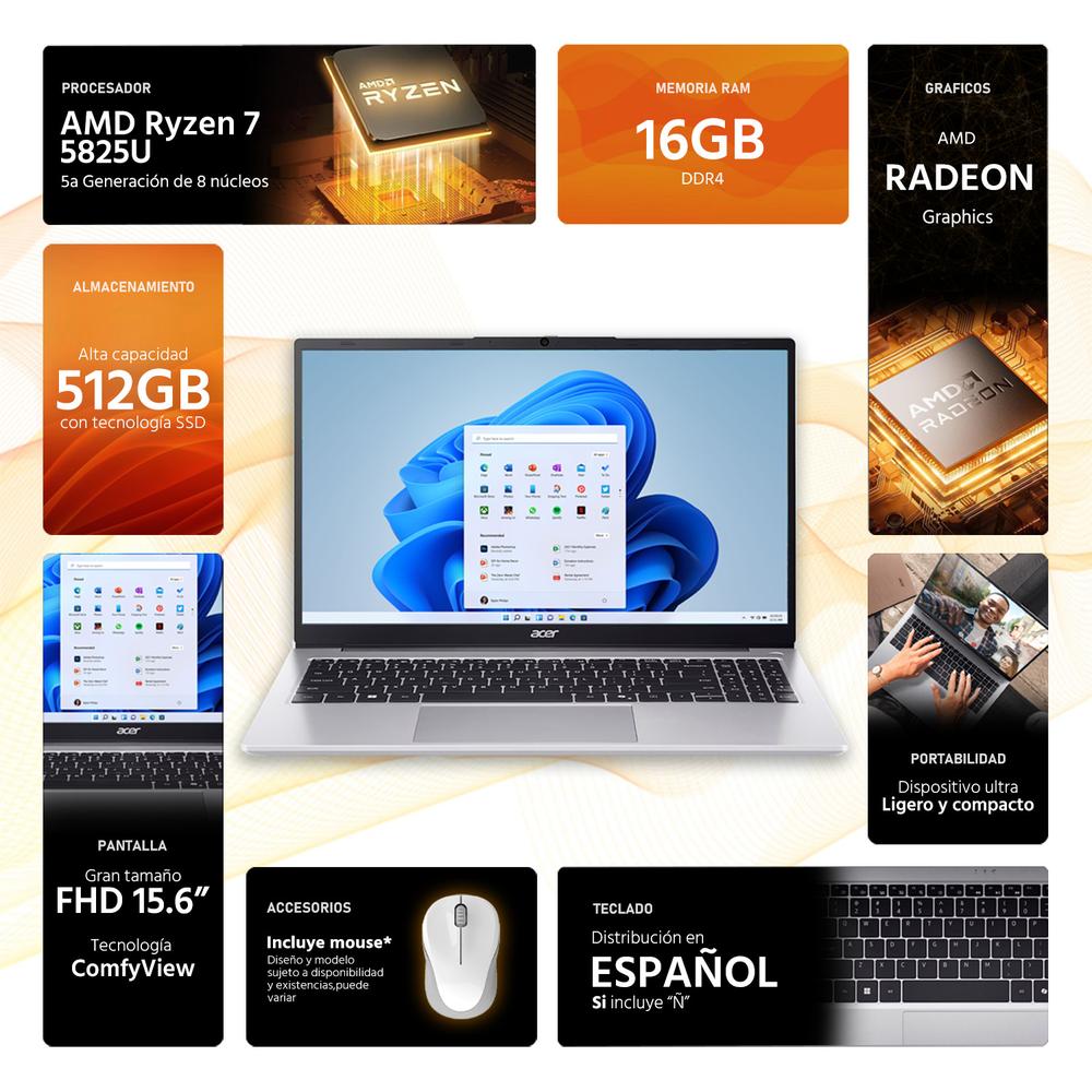 Laptop ACER Aspire Lite 15 AMD Ryzen 7 5825U 16GB RAM 512GB SSD 15.6" Windows 11 Home Teclado en Español + Mouse DXT