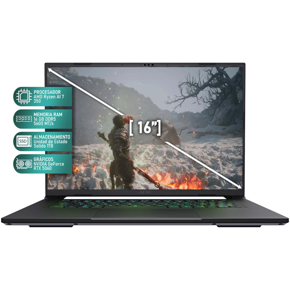 Laptop Gamer GIGABYTE AERO X16 NVIDIA GeForce RTX 5060 AMD Ryzen AI 7 350 16GB RAM 1TB SSD 16" Windows 11 Home Teclado en Español