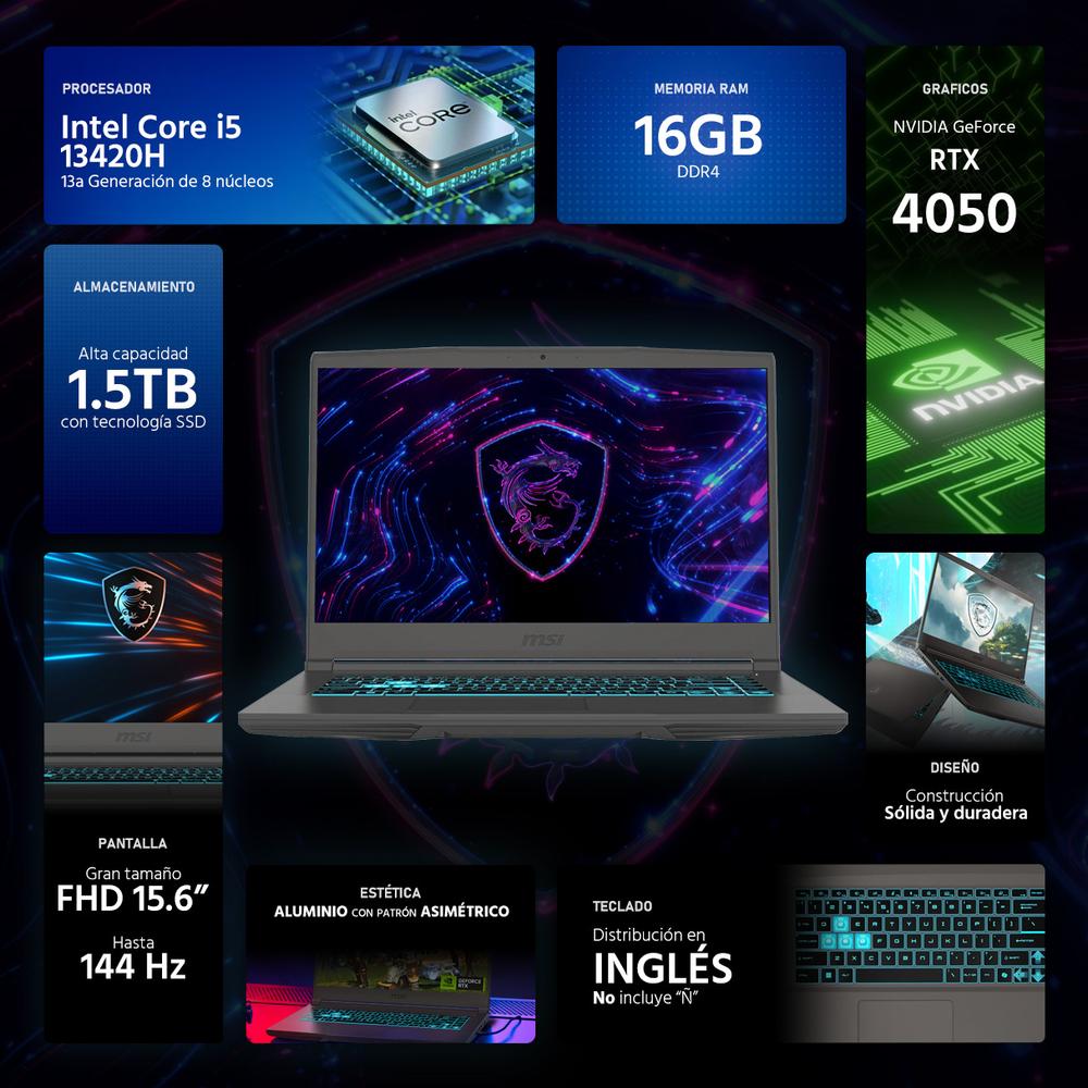 Laptop Gamer MSI Thin 15 NVIDIA GeForce RTX 4050 Intel Core i5 13420H 16GB RAM 1.5TB SSD 15.6" Windows 11 Home Teclado en Ingles