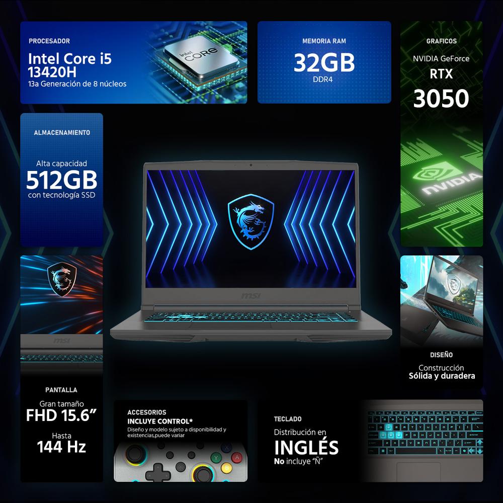 Laptop Gamer MSI Thin 15 NVIDIA GeForce RTX 3050 Intel Core i5 13420H 32GB RAM 512GB SSD 15.6" Windows 11 Home Teclado en Ingles + Control DXT