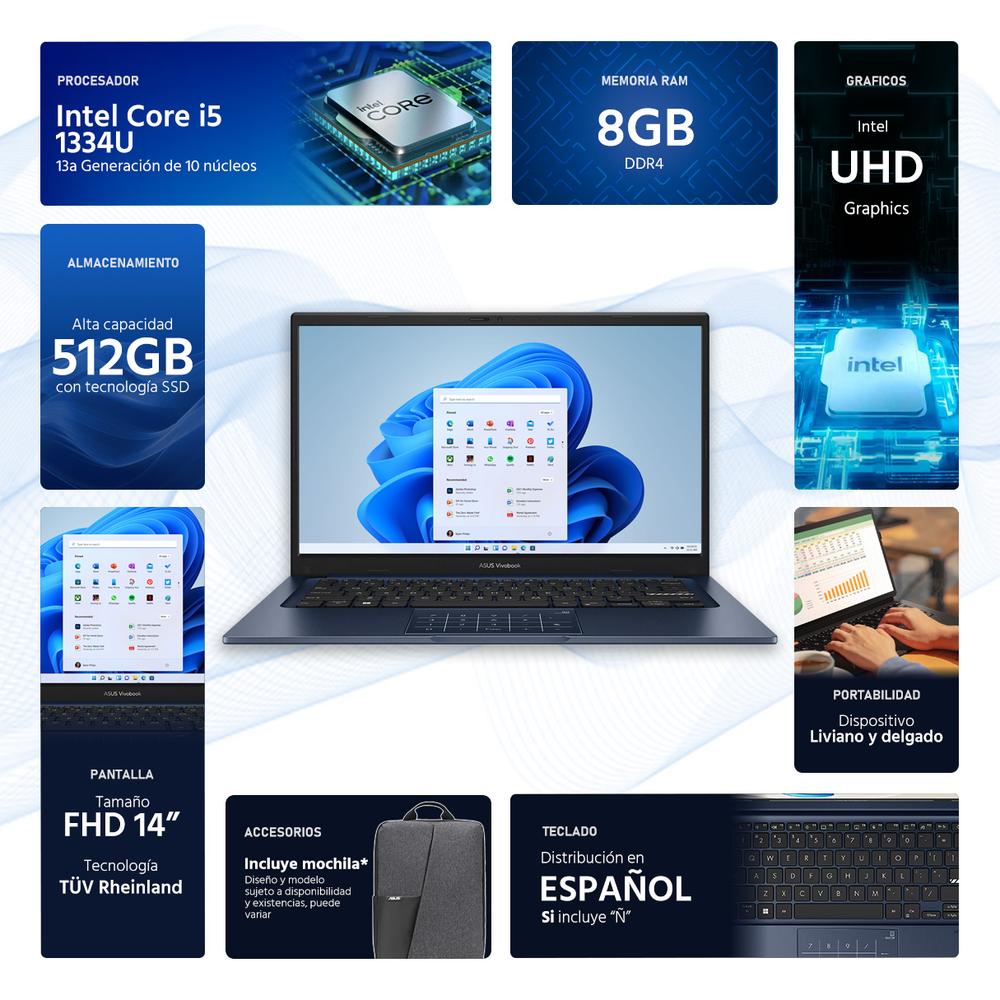 Laptop ASUS Vivobook 14 Intel Core i5 1334U 8GB RAM 512GB SSD 14" Windows 11 Home Teclado en Español + Mochila