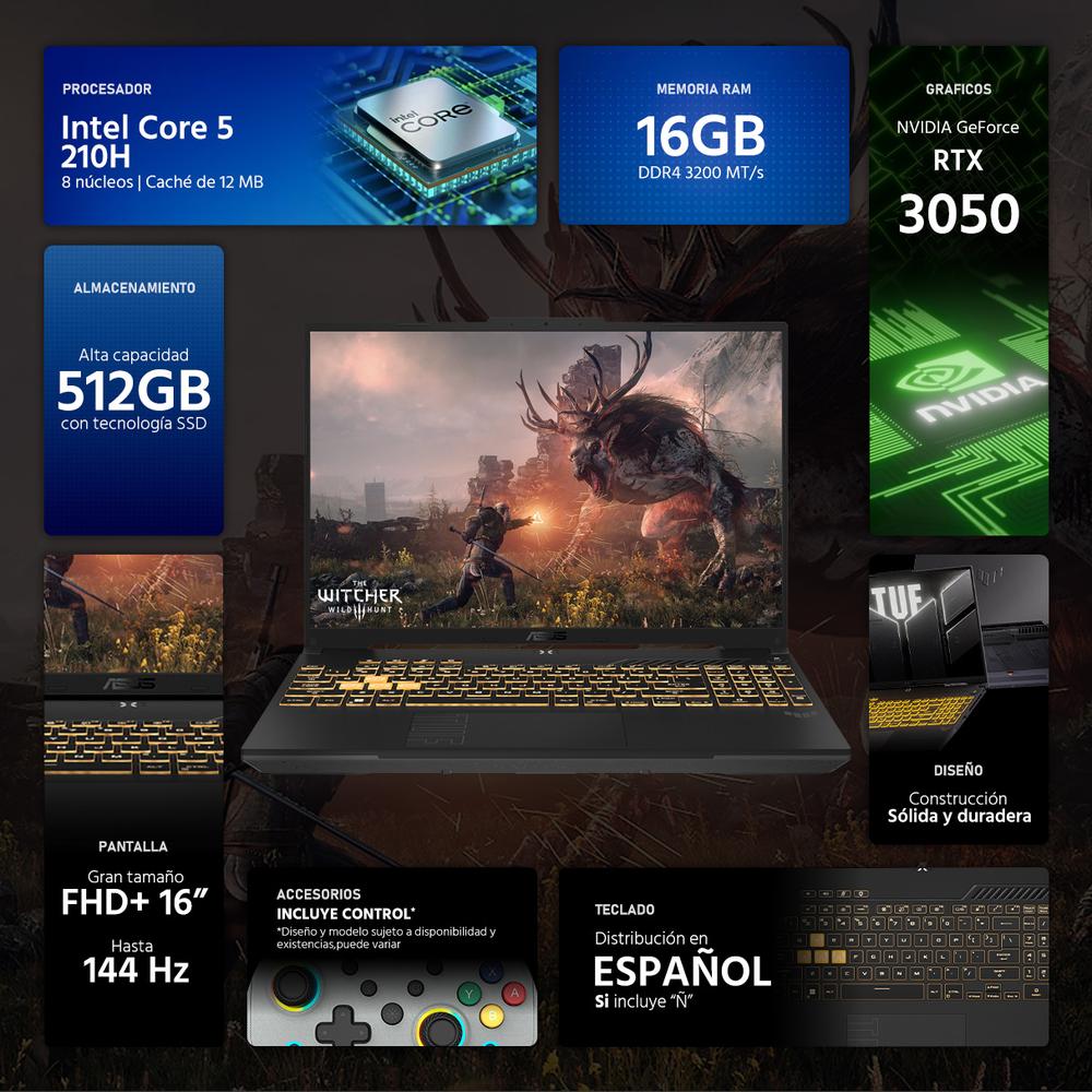 Laptop Gamer ASUS TUF Gaming F16 NVIDIA GeForce RTX 3050 Intel Core 5 210H 16GB RAM 512GB SSD 16" Windows 11 Home Teclado en Español + Control DXT