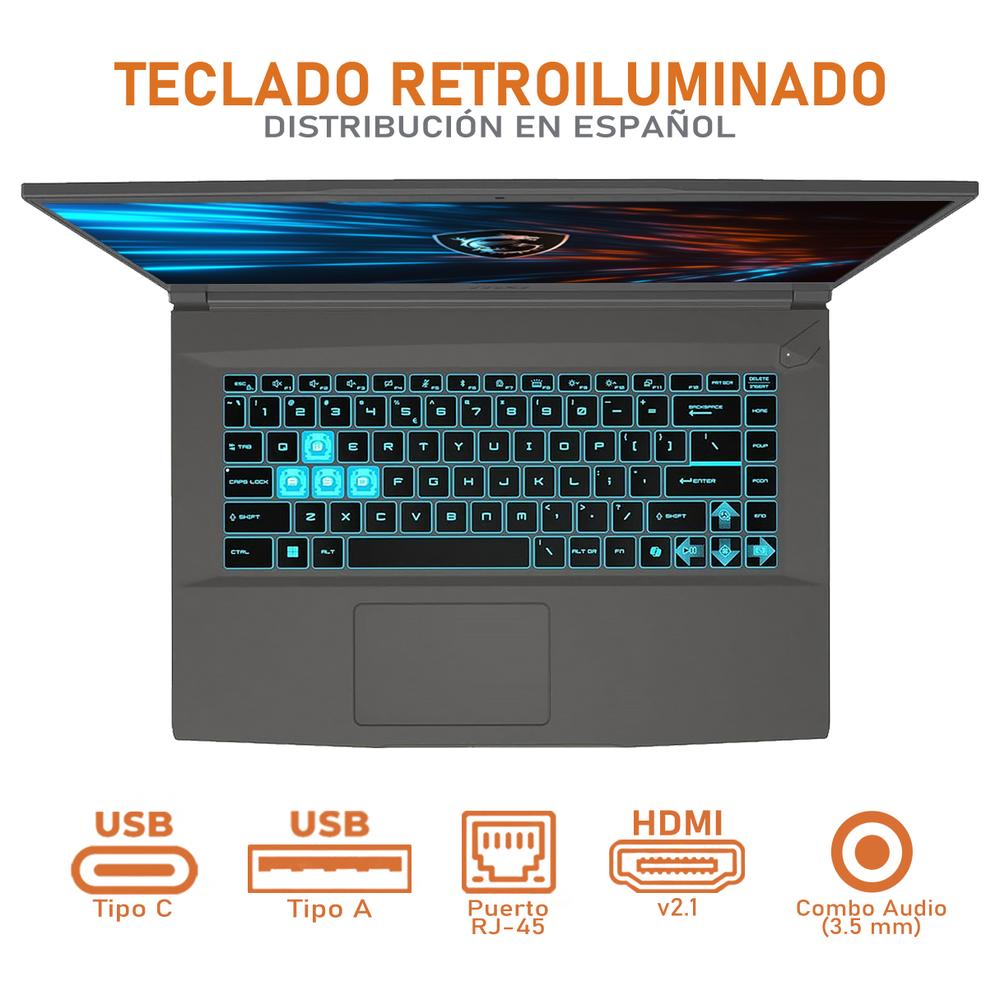 Laptop Gamer MSI Thin 15 NVIDIA GeForce RTX 3050 AMD Ryzen 5 7535HS 24GB RAM 512GB SSD 15.6" Windows 11 Home Teclado en Español + Mouse DXT Gaming
