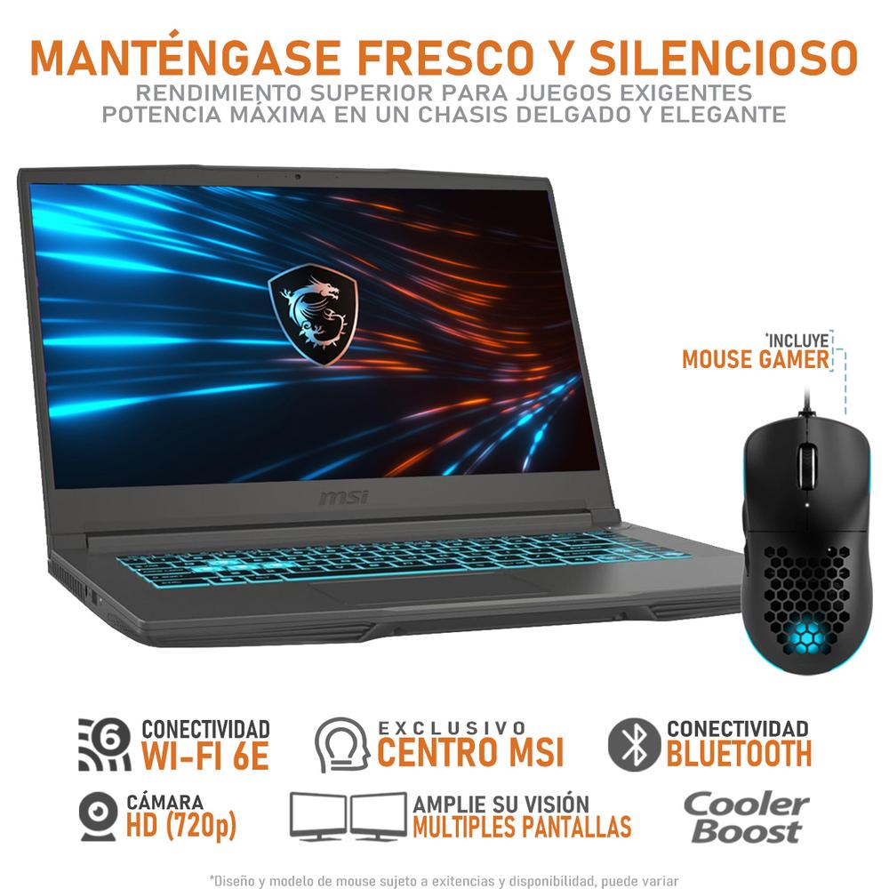 Laptop Gamer MSI Thin 15 NVIDIA GeForce RTX 3050 AMD Ryzen 5 7535HS 24GB RAM 512GB SSD 15.6" Windows 11 Home Teclado en Español + Mouse DXT Gaming