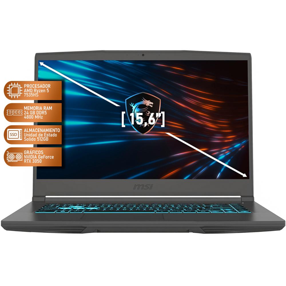 Laptop Gamer MSI Thin 15 NVIDIA GeForce RTX 3050 AMD Ryzen 5 7535HS 24GB RAM 512GB SSD 15.6" Windows 11 Home Teclado en Español + Mouse DXT Gaming