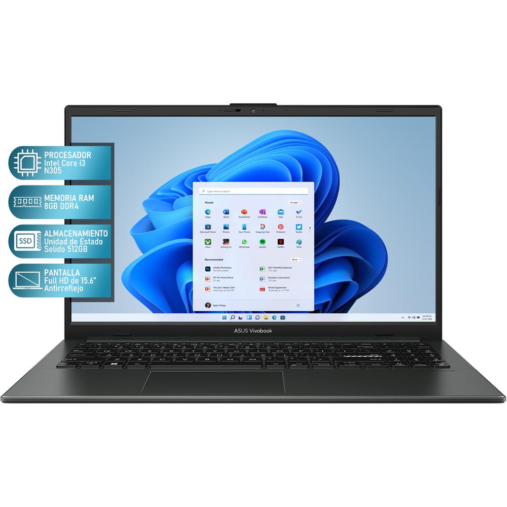 Laptop ASUS Vivobook Go 15 Intel Core i3 N305 8GB RAM 512GB SSD 15.6" Windows 11 Home Teclado en Español + Mouse DXT