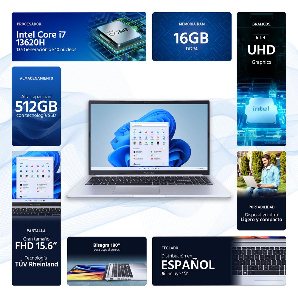 Laptop ASUS Vivobook 15 Intel Core i7 13620H 16GB RAM 512GB SSD 15.6" Windows 11 Home Teclado en Español