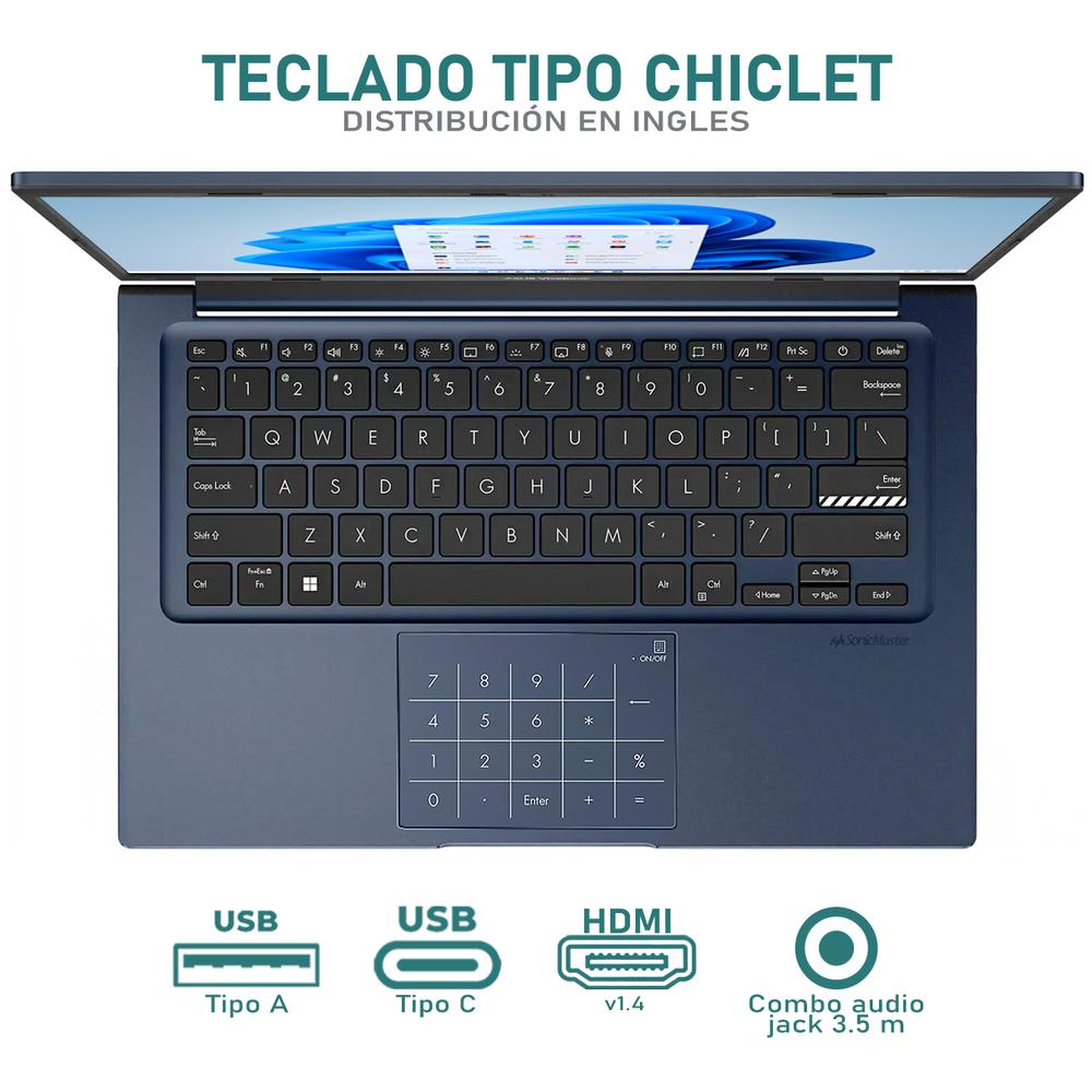 Laptop ASUS Vivobook 14 Intel Core i3 1215U 16GB RAM 512GB SSD 14" Windows 11 Home Teclado en Ingles + Mouse DXT