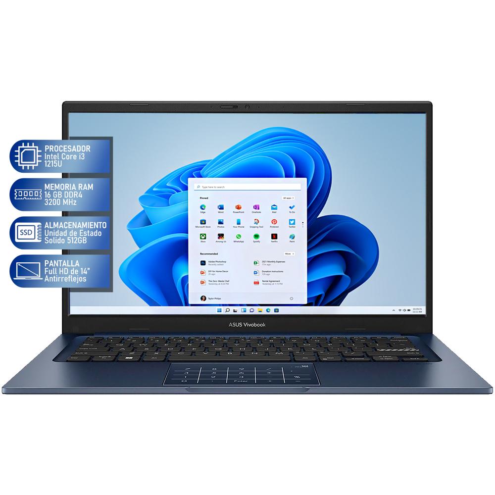 Laptop ASUS Vivobook 14 Intel Core i3 1215U 16GB RAM 512GB SSD 14" Windows 11 Home Teclado en Ingles + Mouse DXT