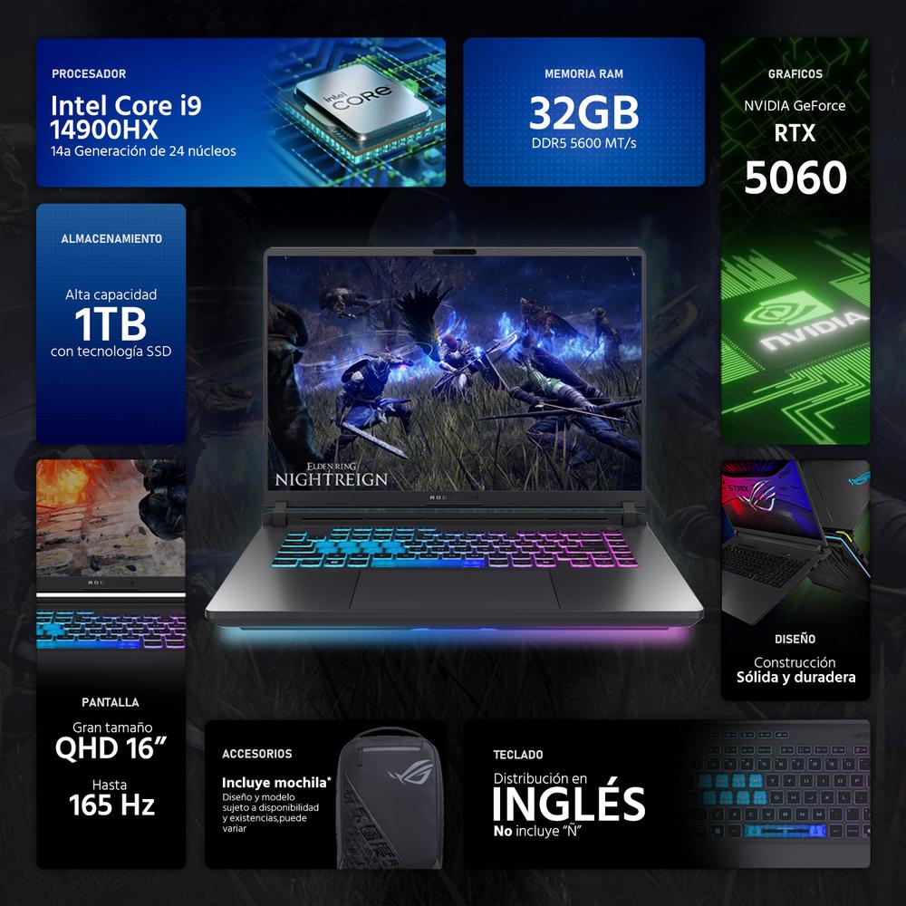 Laptop Gamer ASUS ROG Strix G16 NVIDIA GeForce RTX 5060 Intel Core i9 14900HX 32GB RAM 1TB SSD 16" Windows 11 Home Teclado en Ingles + Mochila