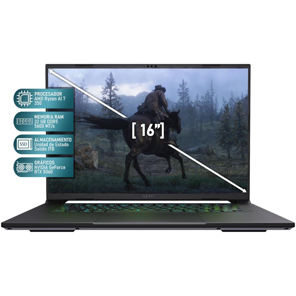Laptop Gamer GIGABYTE AERO X16 NVIDIA GeForce RTX 5060 AMD Ryzen AI 7 350 32GB RAM 1TB SSD 16" Windows 11 Home Teclado en Español