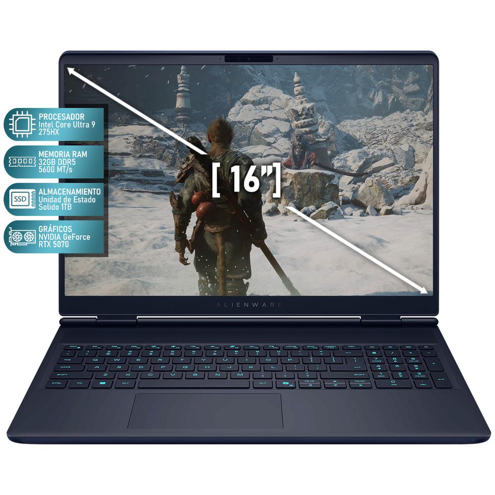 Laptop Gamer ALIENWARE X16 Aurora NVIDIA GeForce RTX 5070 Intel Core Ultra 9 275HX 32GB RAM 1TB SSD 16" Windows 11 Home Teclado en Español