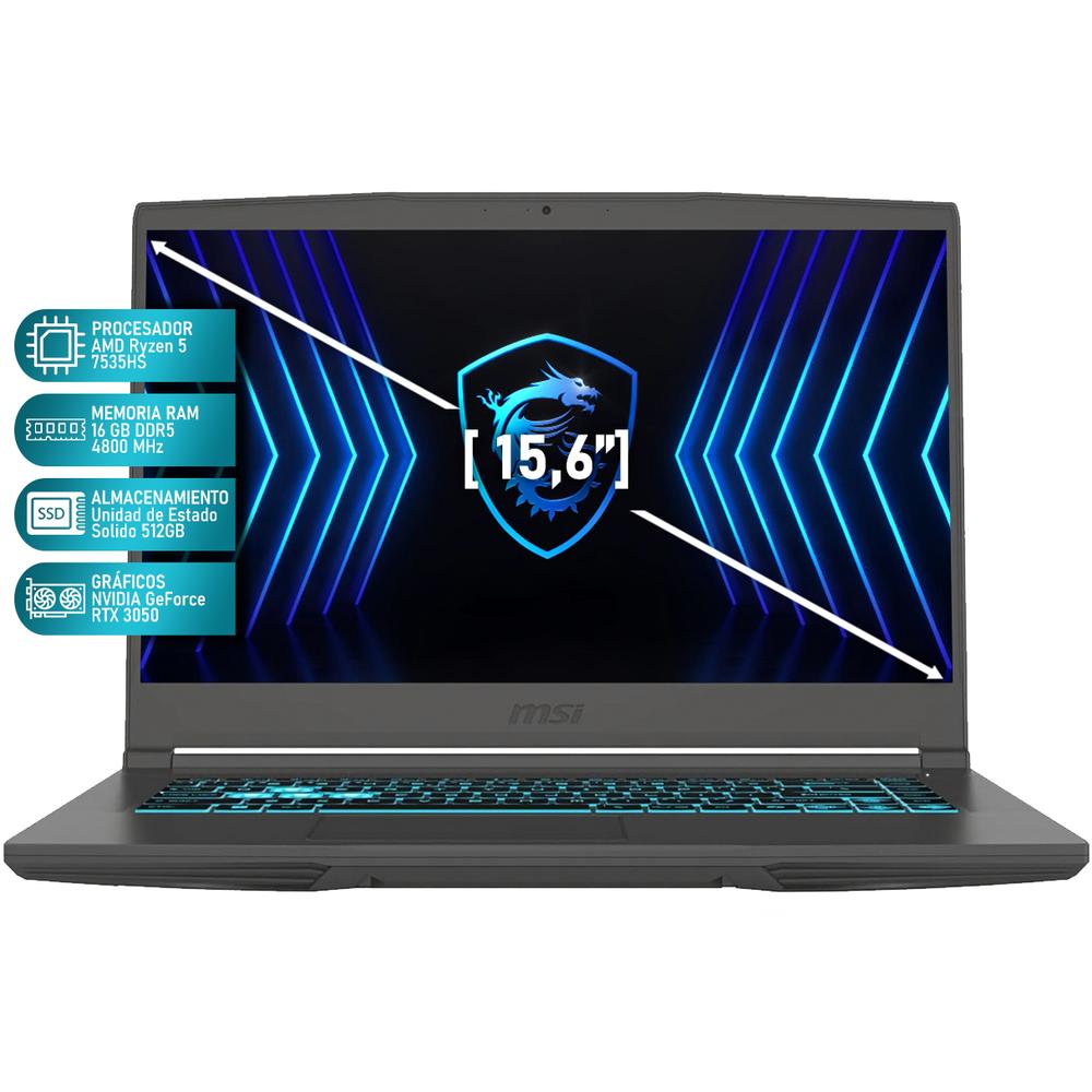 Laptop Gamer MSI Thin A15 NVIDIA Geforce RTX 3050 AMD Ryzen 5 7535HS 16GB RAM 512GB SSD 15.6" Windows 11 Home Teclado en Español