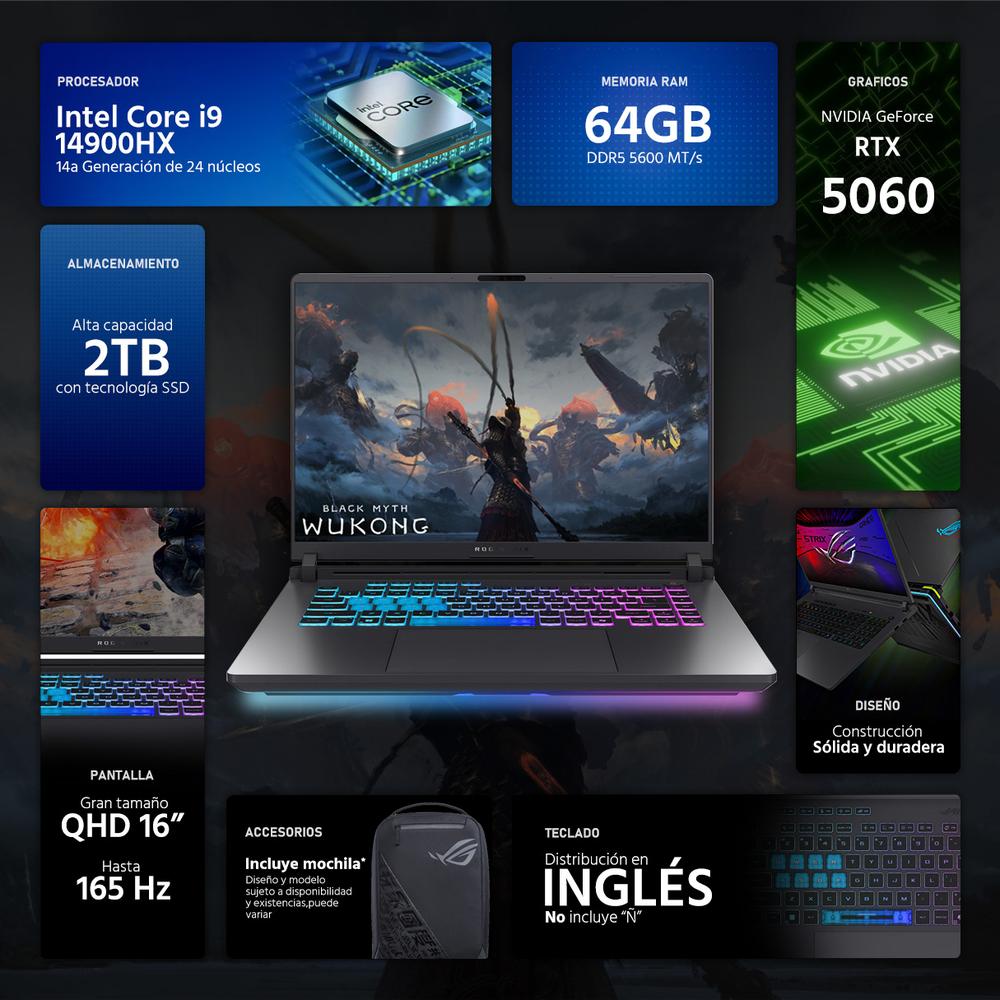 Laptop Gamer ASUS ROG Strix G16 NVIDIA GeForce RTX 5060 Intel Core i9 14900HX 64GB RAM 2TB SSD 16" Windows 11 Home Teclado en Ingles + Mochila