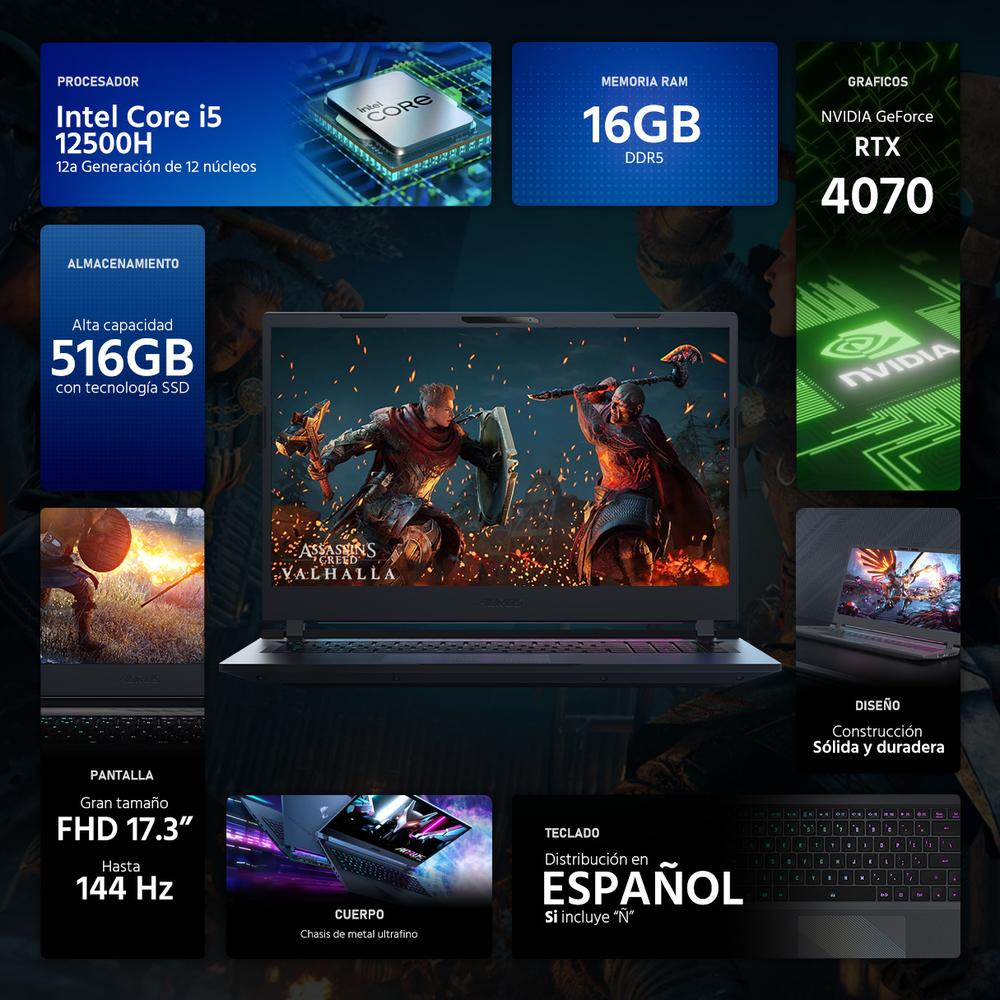 Laptop Gamer AORUS 17 NVIDIA GeForce RTX 4070 Intel Core i5 12500H 16GB RAM 512GB SSD 17.3" Windows 11 Home Teclado en Español