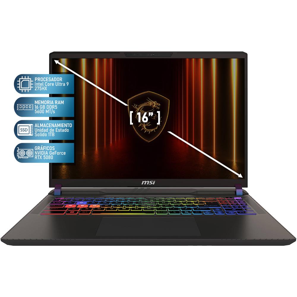 Laptop Gamer MSI Vector 16 HX AI NVIDIA GeForce RTX 5080 Intel Core Ultra 9 275HX 16GB RAM 1TB SSD 16" Windows 11 Home Teclado en Ingles