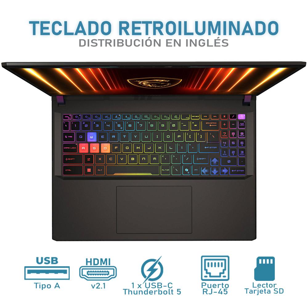 Laptop Gamer MSI Vector 16 HX AI NVIDIA GeForce RTX 5080 Intel Core Ultra 9 275HX 16GB RAM 1TB SSD 16" Windows 11 Home Teclado en Ingles