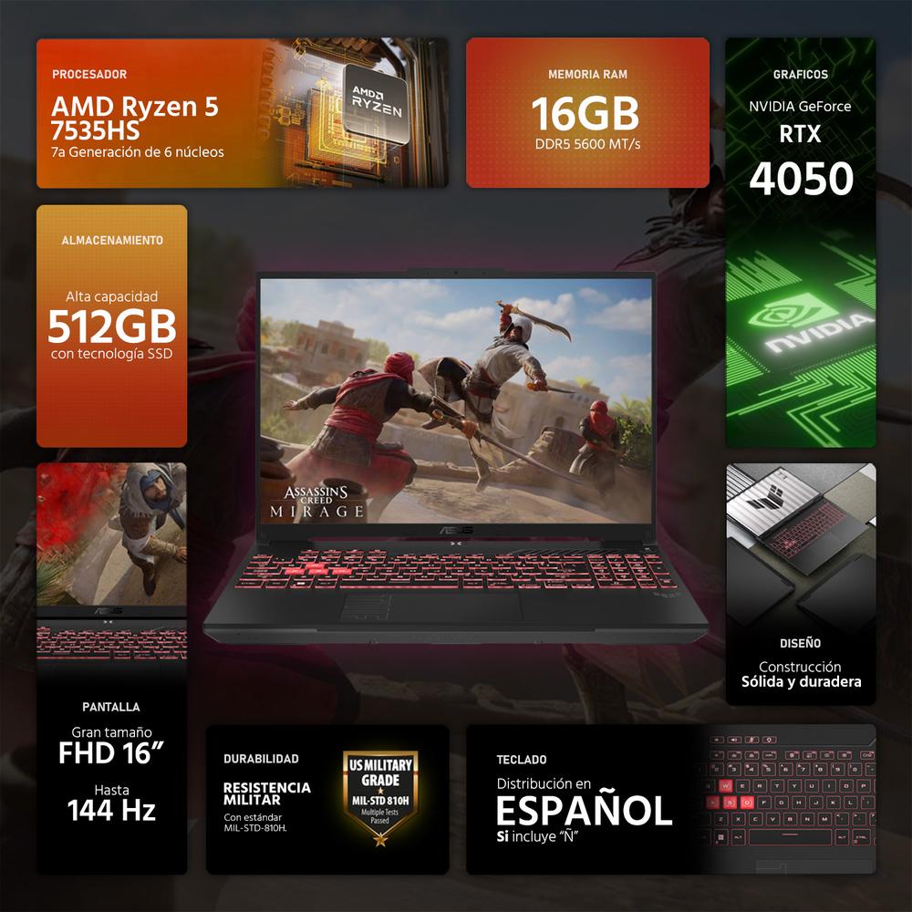 Laptop Gamer ASUS TUF Gaming A16 NVIDIA GeForce RTX 4050 AMD Ryzen 5 7535HS 16GB RAM 512GB SSD 16" Windows 11 Home Teclado en Español