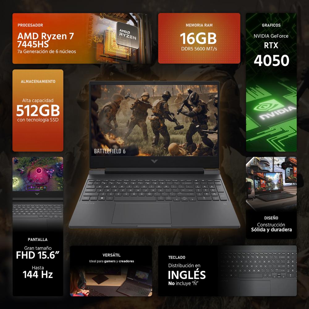 Laptop Gamer HP Victus NVIDIA GeForce RTX 4050 AMD Ryzen 7 7445HS 16GB RAM 512GB SSD 15.6" Windows 11 Home Teclado en Ingles
