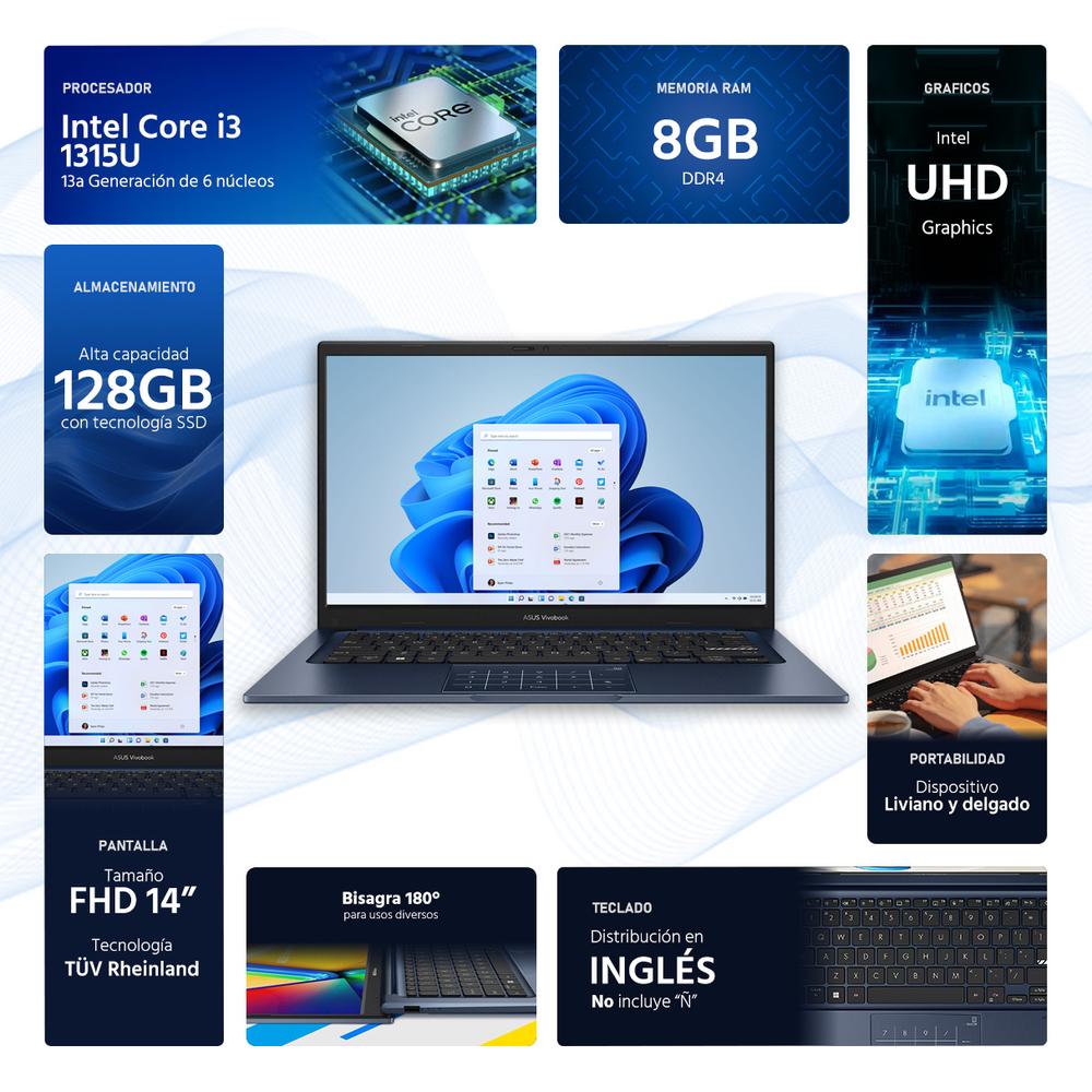 Laptop ASUS Vivobook 14 Intel Core i3 1315U 8GB RAM 128GB SSD 14" Windows 11 Home Teclado en Ingles