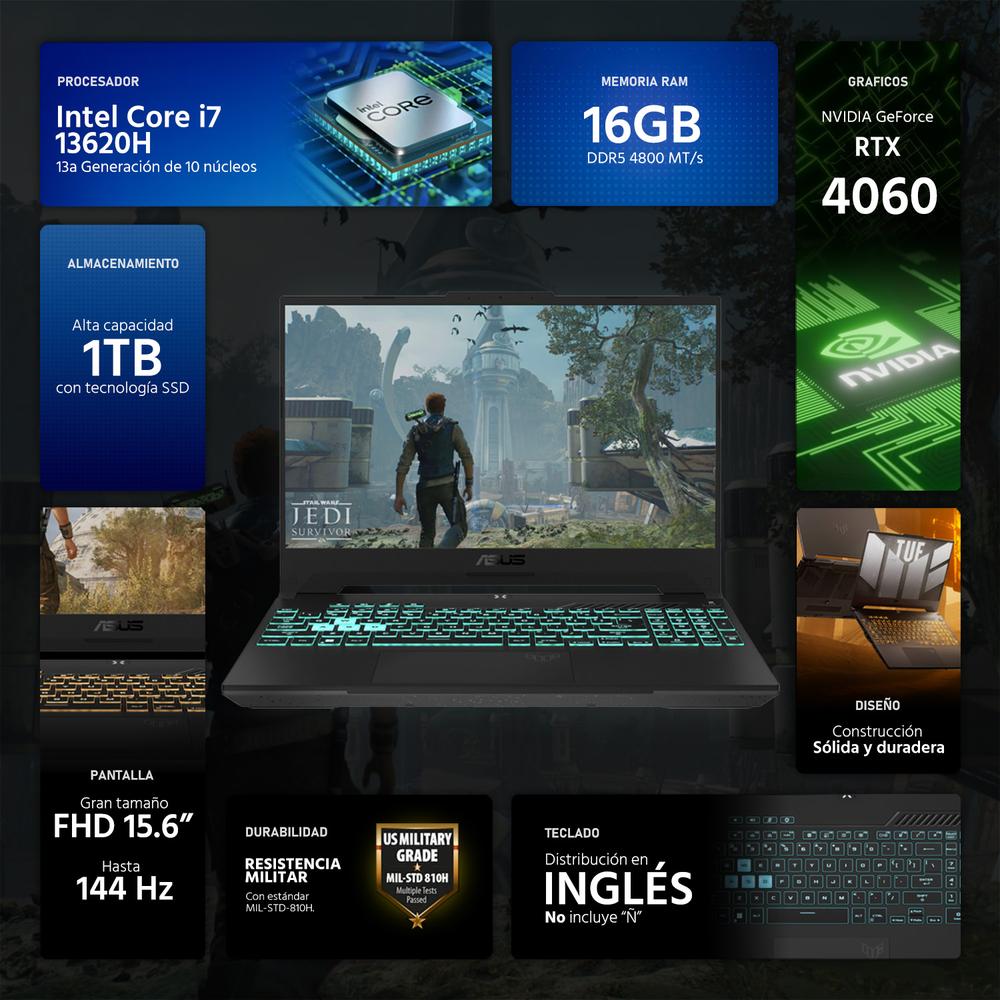 Laptop Gamer ASUS TUF Gaming F15 NVIDIA GeForce RTX 4060 Intel Core i7 13620H 16GB RAM 1TB SSD 15.6" Windows 11 Home Teclado en Ingles