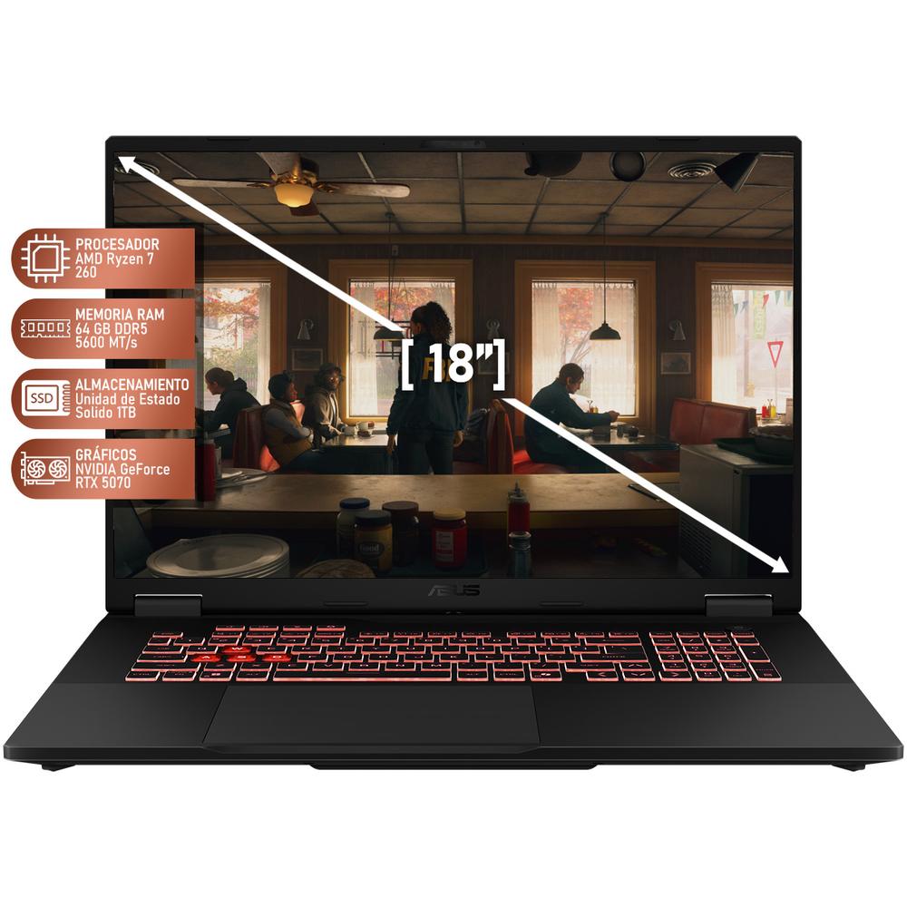 Laptop Gamer ASUS TUF Gaming A18 NVIDIA GeForce RTX 5070 AMD Ryzen 7 260 64GB RAM 1TB SSD 18" Windows 11 Home Teclado en Ingles