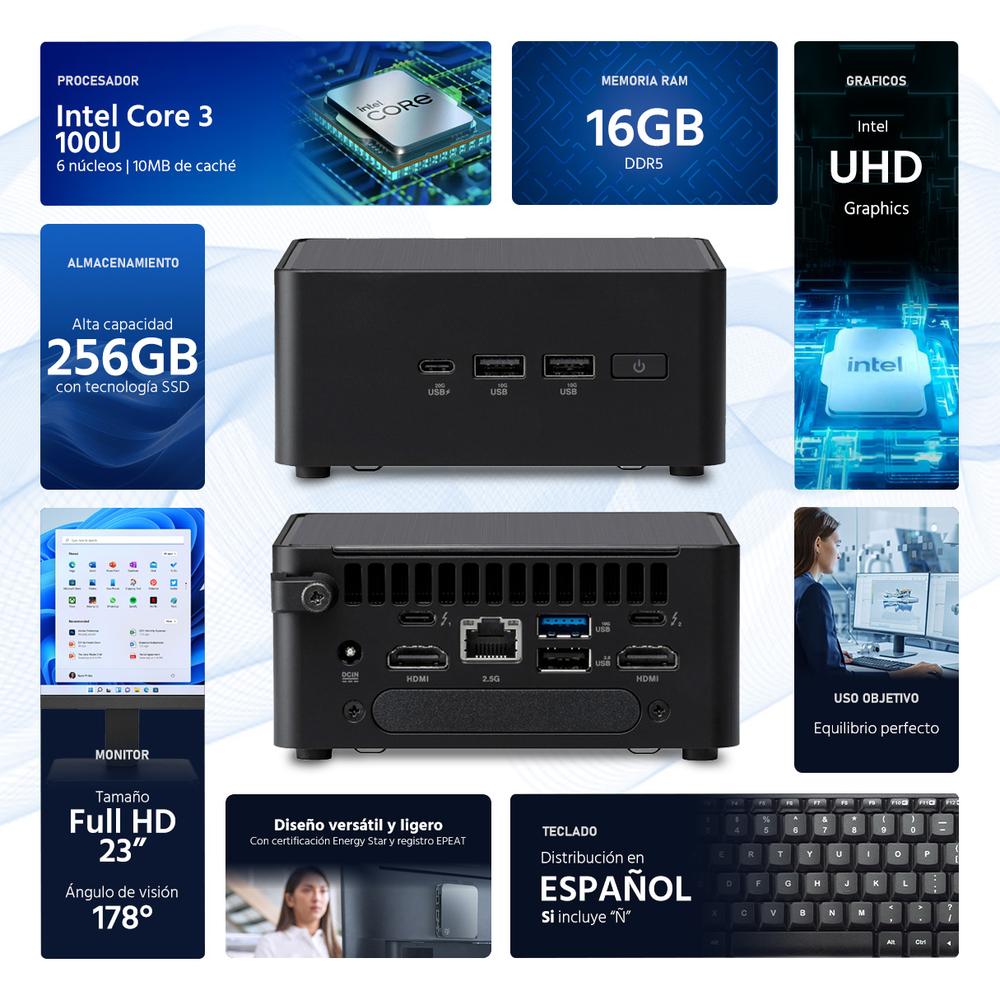 Computadora Mini PC ASUS NUC 14 Pro Intel Core 3 100U 16GB RAM 256GB SSD Monitor 23" Teclado Mouse Español
