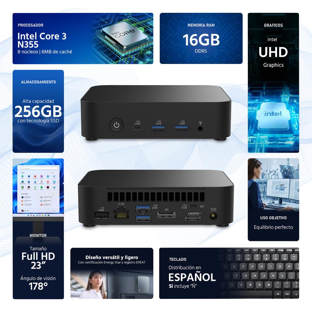 Computadora Mini PC ASUS NUC 14 Essential Intel Core 3 N355 16GB RAM 256GB SSD Monitor 23" Teclado Mouse Español