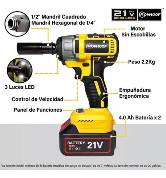 Pistola Llave De Impacto Inalámbrico Ironhoof batería de color Amarillo 500W Amarilla 