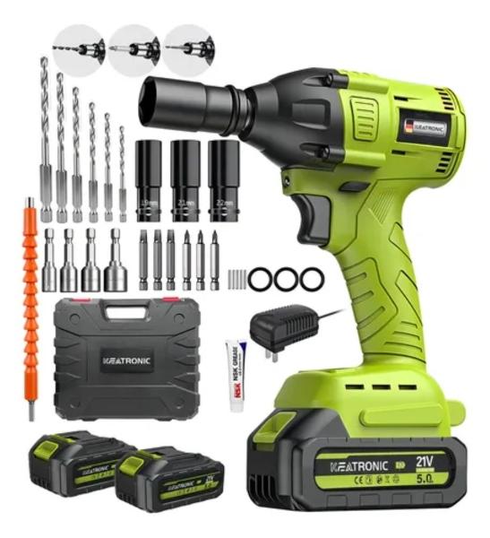 Llave Sin Escobillas 1/2'' Pistola Impacto Industrial Con 2 Baterías, Verde