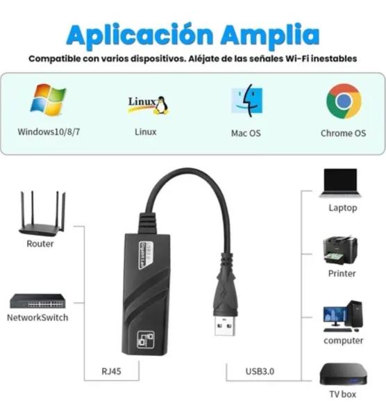 Adaptador Ethernet Usb 3.0 A Rj45 Gigabit Lan 1000mbps negro 