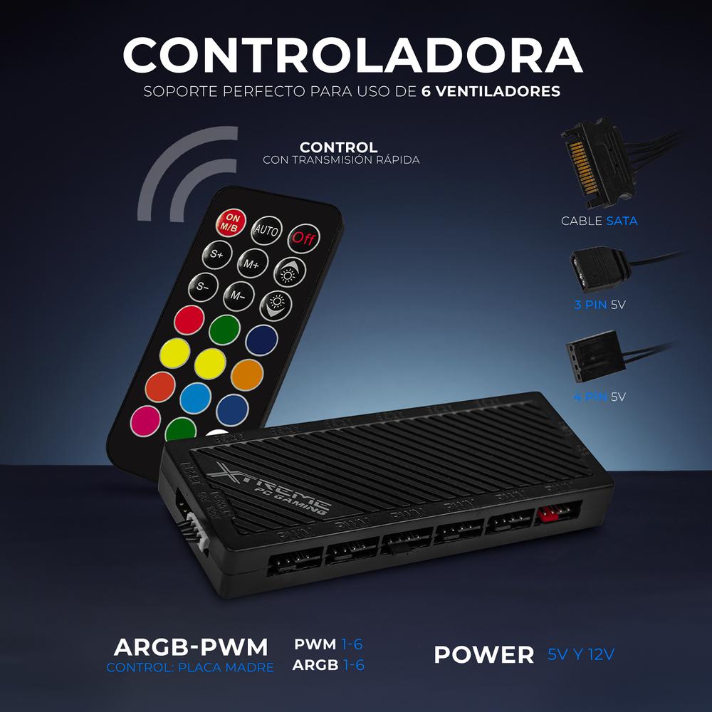Kit 3 Ventiladores Gamer XTREME PC GAMING Air Force 120mm ARGB 1500RPM Hub 12 Control Negro CFXTAQ120BK