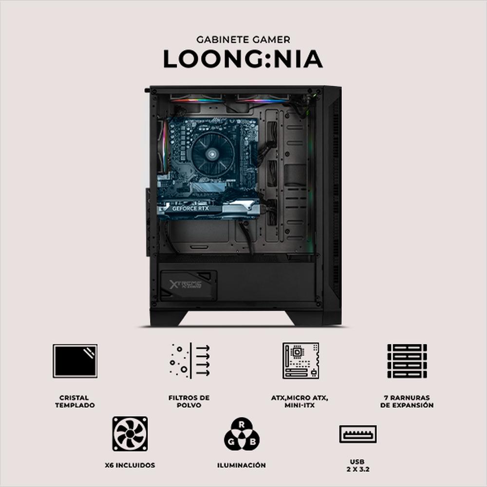 Gabinete XTREME PC GAMING Loong:Nia Edition Media Torre 6 Fan RGB Negro CXTLOMABK