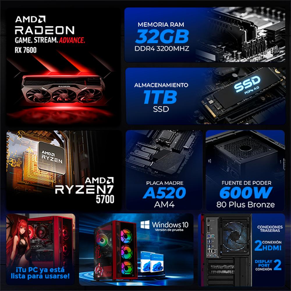 Xtreme PC Gaming AMD Radeon RX 7600 Ryzen 7 5700 32GB SSD 1TB Monitor ...