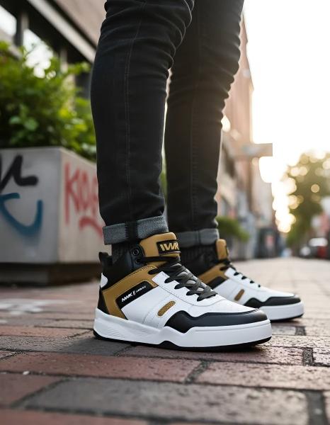 Tenis Casual Blanco Negro Mostaza Infantil Dowen Newk